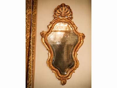Specchiera a Ventola con Cornice in Legno Intagliato e Dorato