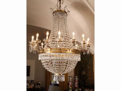 Importante Lampadario a Paniere in Bronzo Dorato e Cristallo