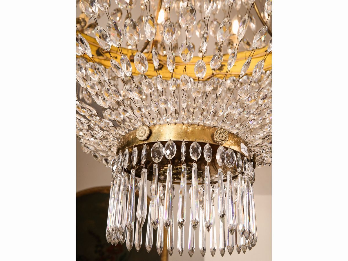 Importante Lampadario a Paniere in Bronzo Dorato e Cristallo