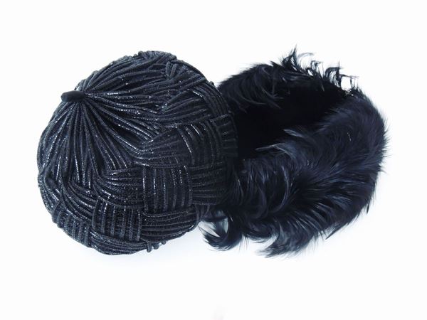 Two hats in raffia, nylon, velvet and black feathers