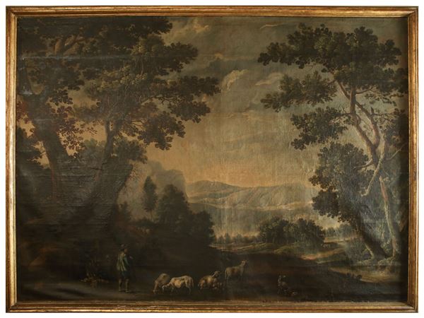 Scuola lombarda - Landscape with Shepherd and Flock
