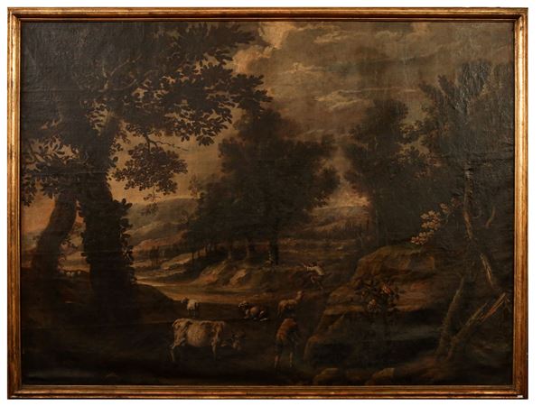 Scuola lombarda - Country scene with shepherds and herds
