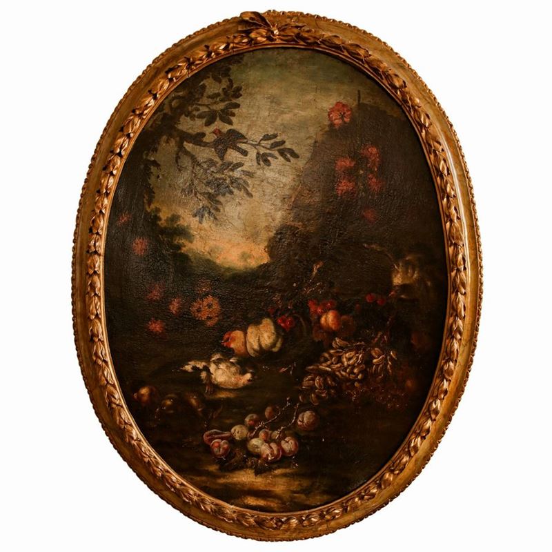 Scuola Napoletana - Paesaggio con Fiori, Frutta e Uccelli