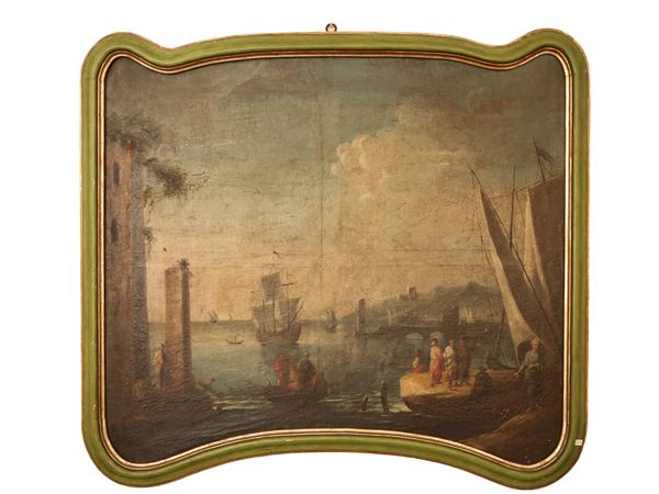 Cerchia di Giuseppe Chiantore - Glimpses of the port with sailing ships and characters dressed in oriental style