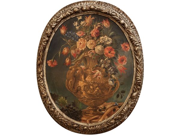 Cerchia di Nicola Casissa - Trionfo di fiori in vaso scolpito