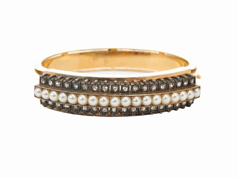 Bracciale Rigido in Oro Rosa e Argento con Diamanti e Perle Coltivate