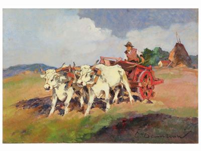 Paesaggio di Campagna con Carro e Contadino
