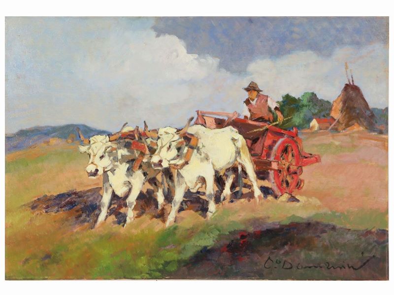 Carlo Domenici - Paesaggio di Campagna con Carro e Contadino