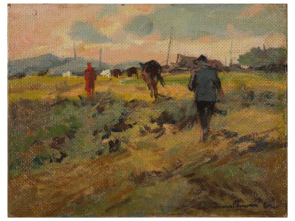 Carlo Domenici : Paesaggio di campagna con contadini  - Asta Arte Moderna e Contemporanea - Maison Bibelot - Casa d'Aste Firenze - Milano