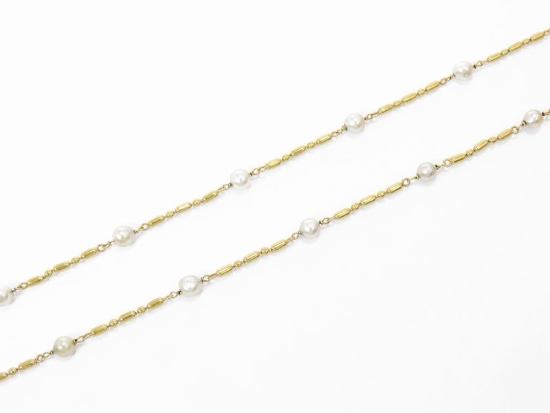 Lunga Collana Chimento in Oro Giallo con Perle Barocche Coltivate