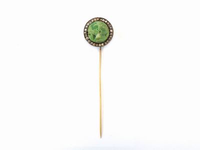 Spilla in Oro Giallo e Argento con Diamanti e Cammeo in Turchese
