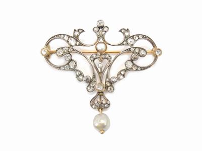 Spilla Liberty in Oro Giallo e Argento con Diamanti e Perle