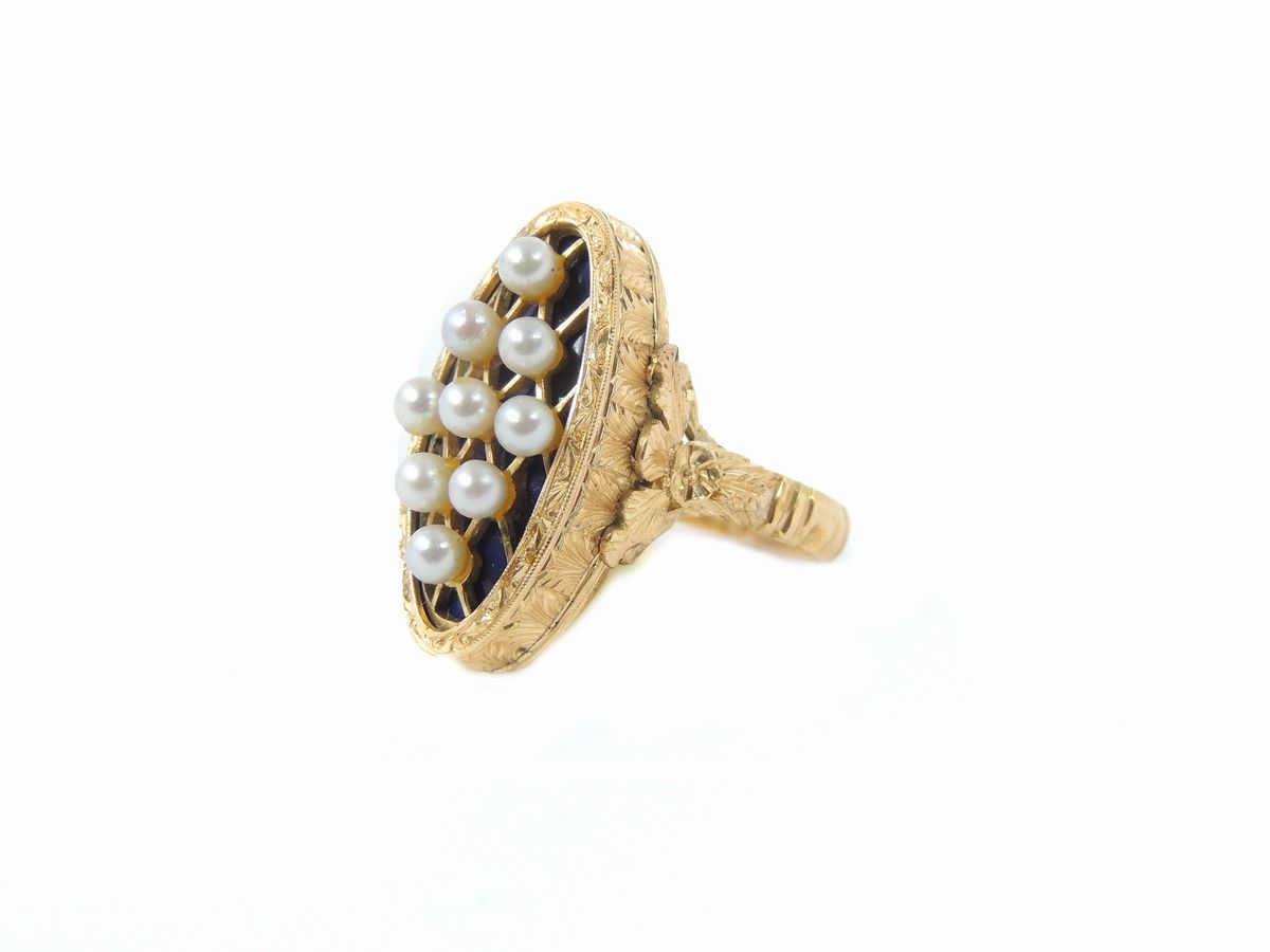 Anello in Oro Giallo con Perle e Lapislazzuli