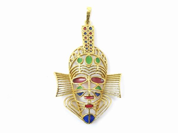 Yellow gold pendant with multicoloured enamels