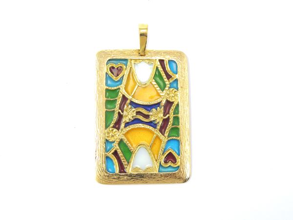 Yellow gold pendant with multicoloured enamels