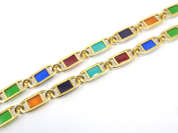 Yellowgold long necklace with polychrome enamels