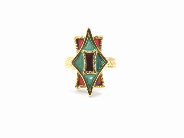 Yellow gold ring with polychrome enamels