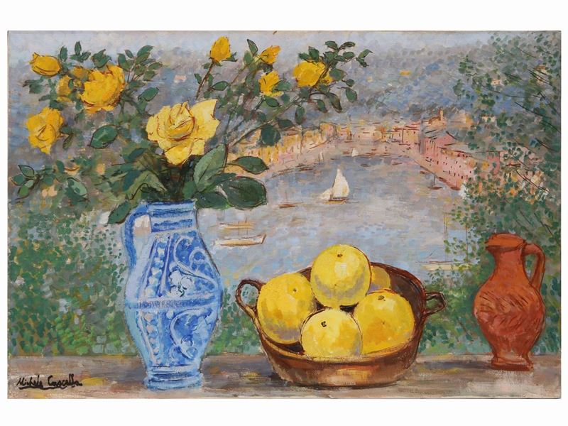 Michele Cascella - Rose Gialle e Pompelmi 1972