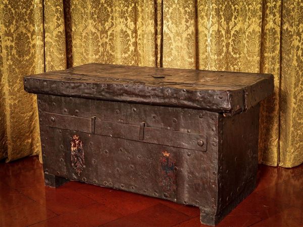 Ancient iron-coated travel chest