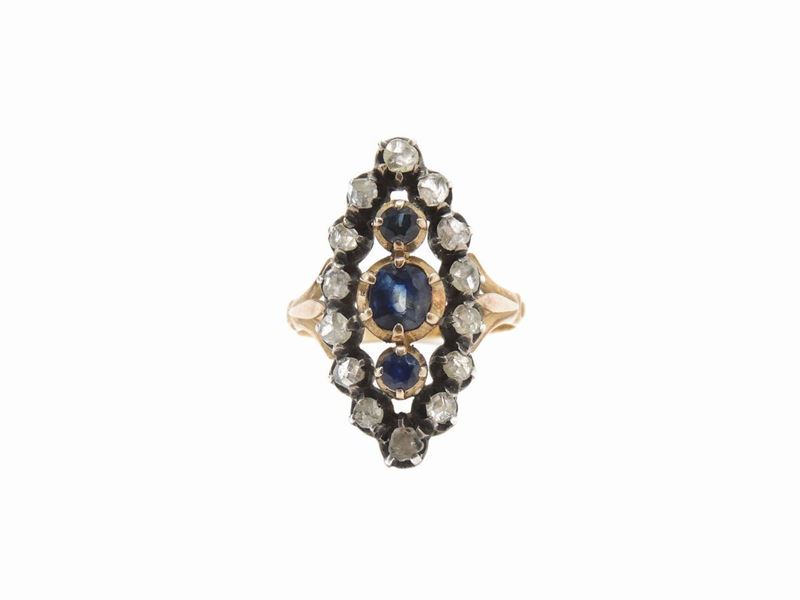 Anello Figaro in Oro Giallo e Argento con Diamanti e Zaffiri