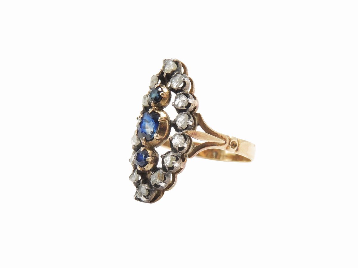 Anello Figaro in Oro Giallo e Argento con Diamanti e Zaffiri