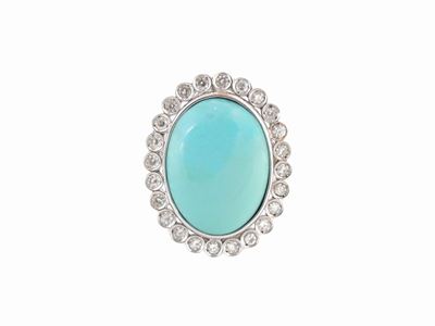 Anello a Margherita in Oro Bianco con Diamanti e Turchese