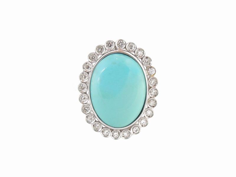 Anello a Margherita in Oro Bianco con Diamanti e Turchese