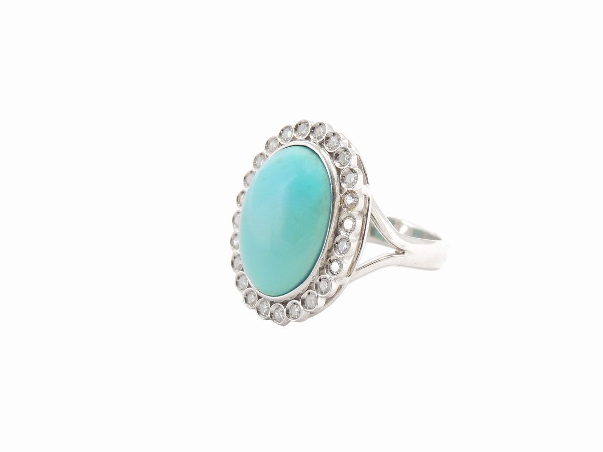 Anello a Margherita in Oro Bianco con Diamanti e Turchese