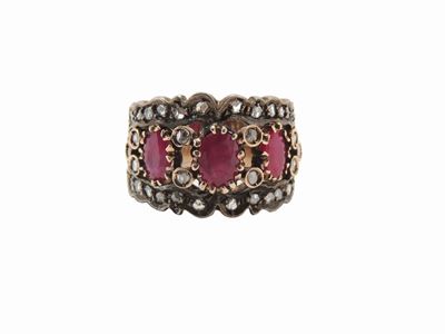Anello a Fascia in Oro Rosa 500/1000 e Argento con Diamanti e Rubini