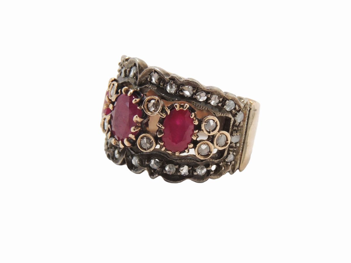 Anello a Fascia in Oro Rosa 500/1000 e Argento con Diamanti e Rubini