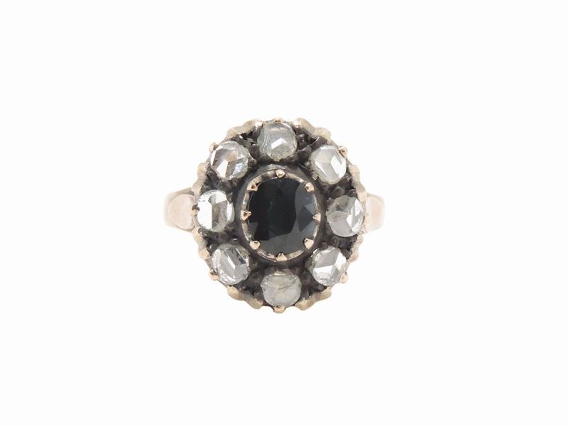 Anello a Margherita in Oro Rosa 500/1000 e Argento con Diamanti e Zaffiro