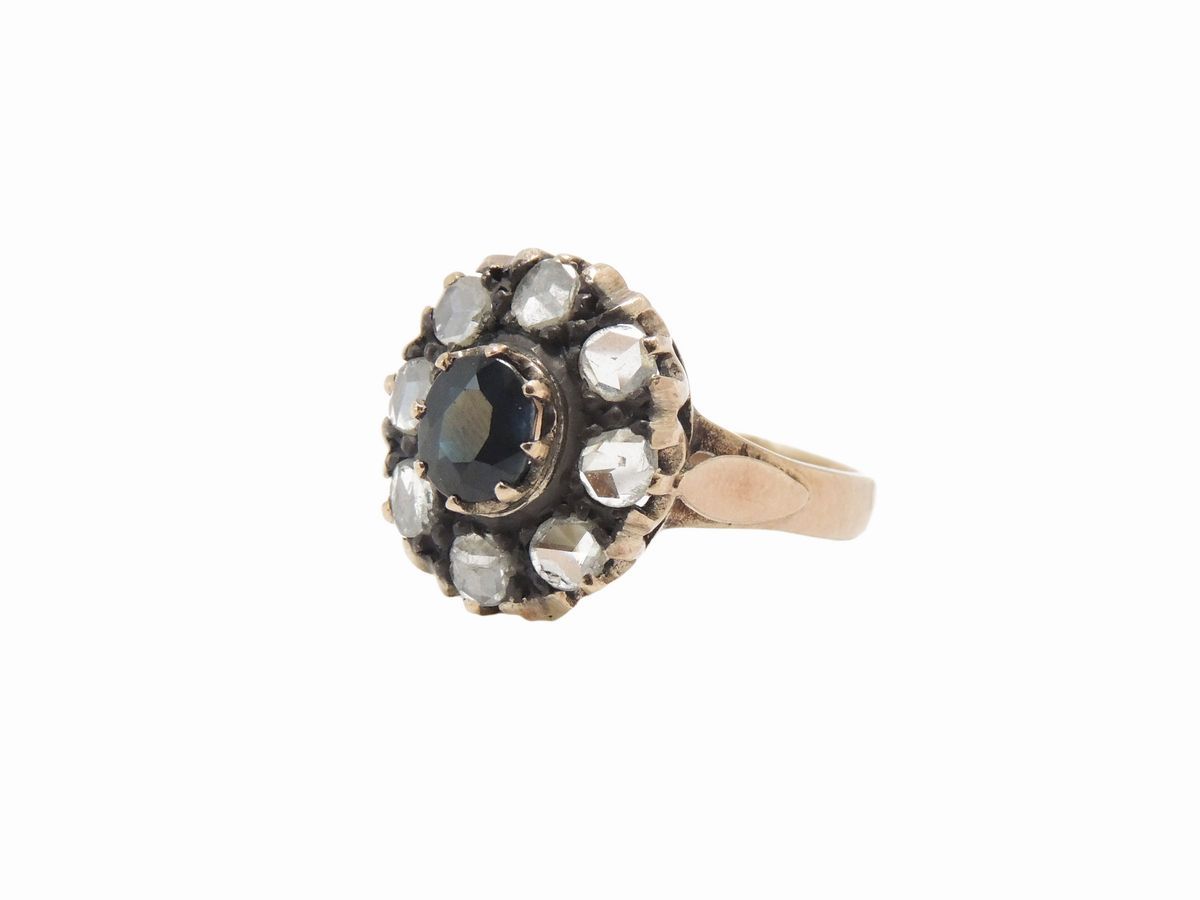 Anello a Margherita in Oro Rosa 500/1000 e Argento con Diamanti e Zaffiro