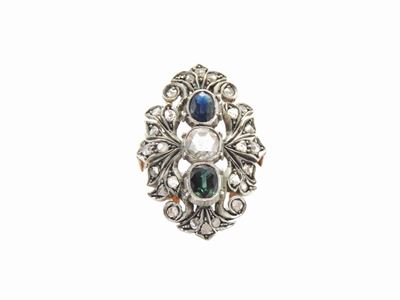 Anello in Oro Rosa e Argento con Diamanti e Zaffiri
