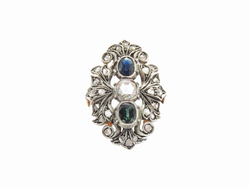 Anello in Oro Rosa e Argento con Diamanti e Zaffiri