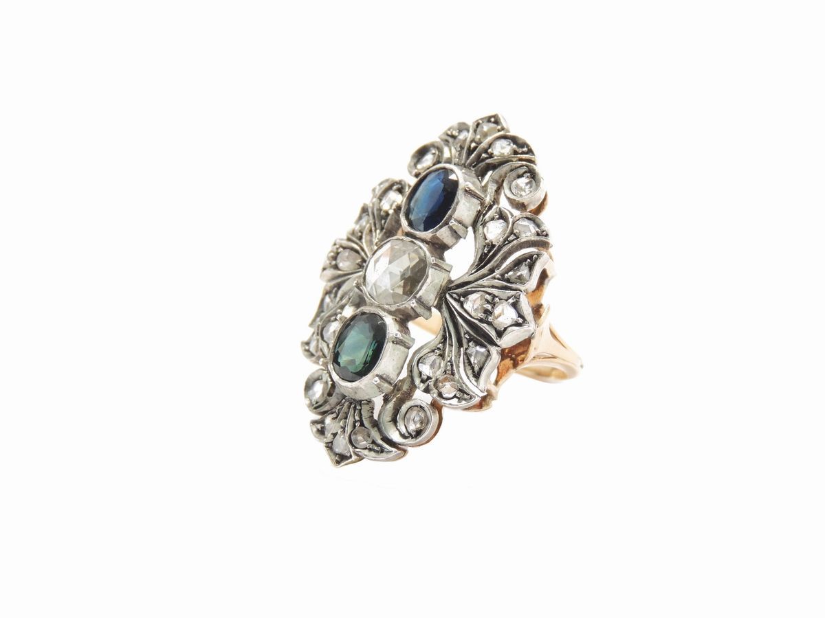 Anello in Oro Rosa e Argento con Diamanti e Zaffiri
