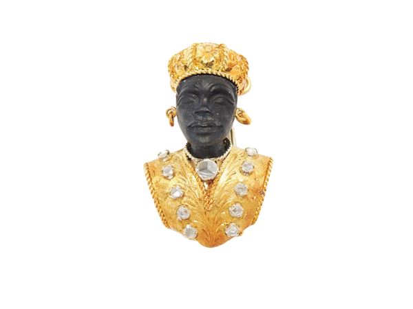 Yellow gold Missiaglia moretto pendant brooch with diamonds and ebony