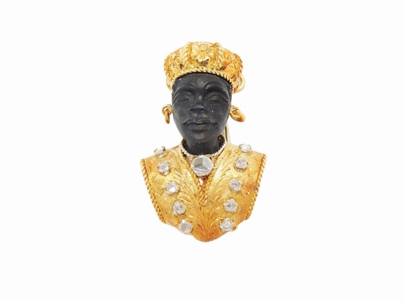 Spilla Pendente Moretto Missiaglia in Oro Giallo, Diamanti ed Ebano