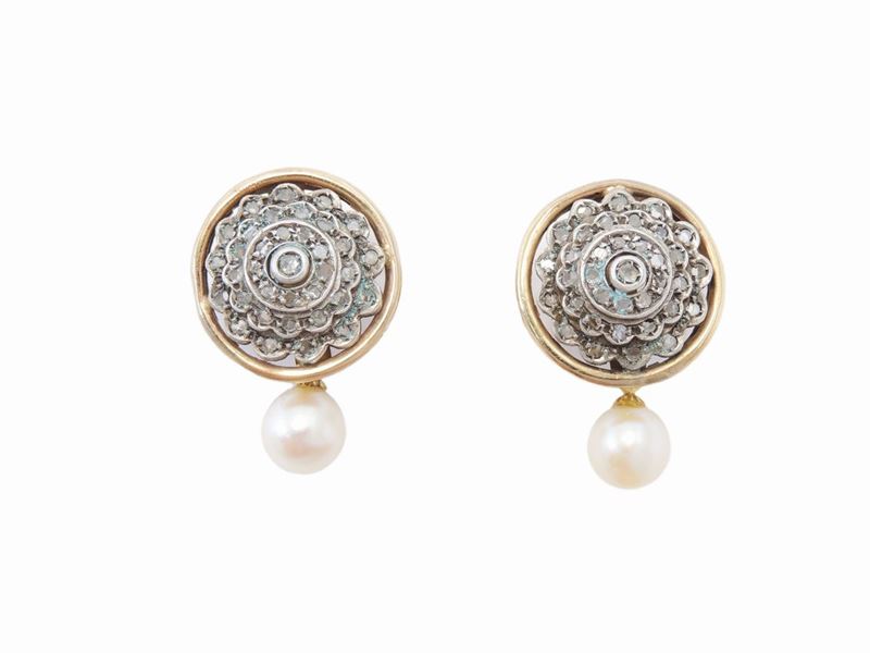 Orecchini Pendenti in Oro Rosa e Argento con Diamanti e Perle Coltivate