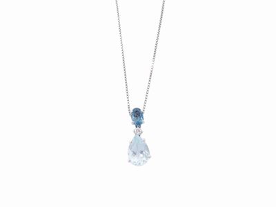 Catenina e Pendente Salvini in Oro Bianco con Diamanti, Acquamarina e Topazio Blu