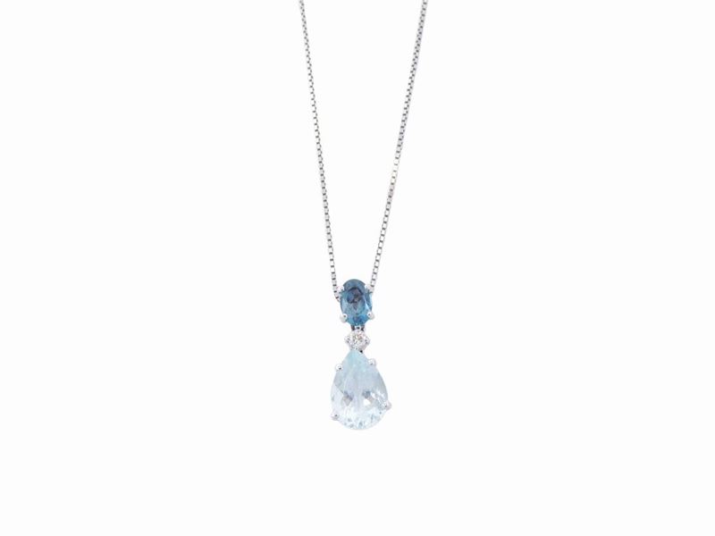 Catenina e Pendente Salvini in Oro Bianco con Diamanti, Acquamarina e Topazio Blu