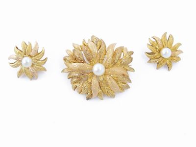 Demi Parure Spilla e Orecchini in Oro Giallo e Rosa con Perle Coltivate