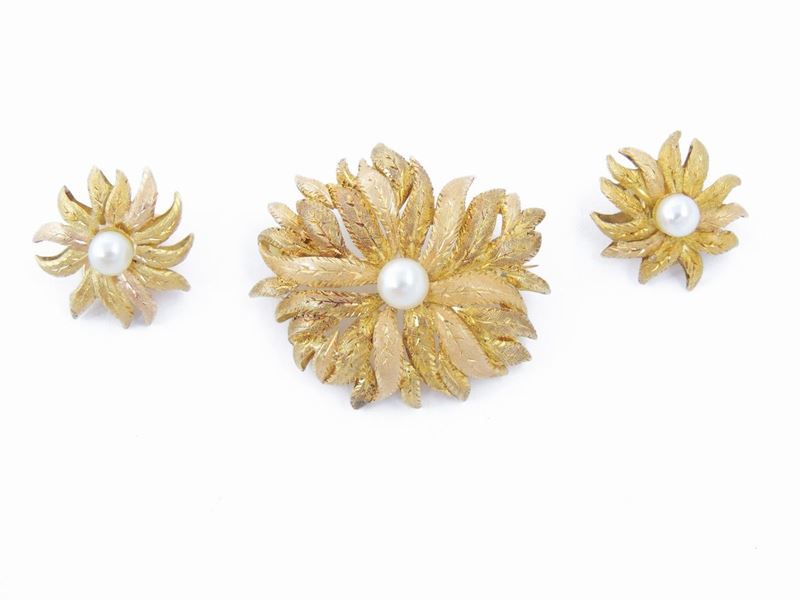 Demi Parure Spilla e Orecchini in Oro Giallo e Rosa con Perle Coltivate