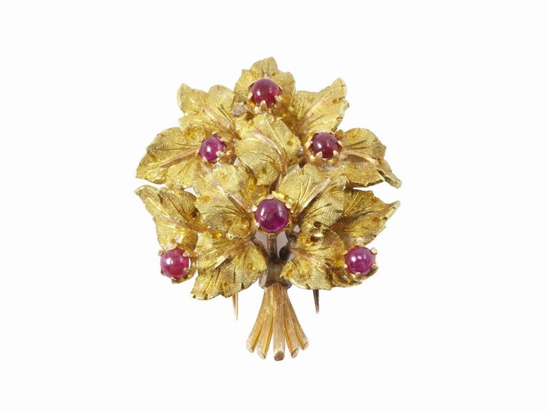 Spilla Mario Buccellati in Oro Giallo e Rosa con Rubini