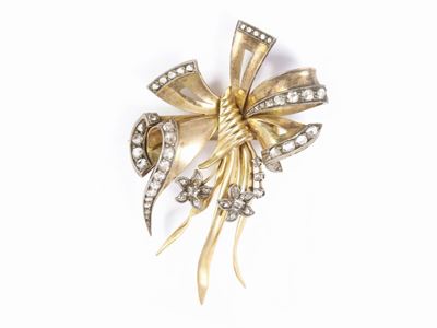 Spilla in Oro Giallo e Argento con Diamanti