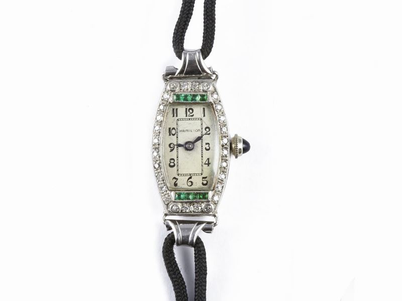 Orologio Decò da Polso per Donna Hamilton in Platino con Diamanti e Smeraldi