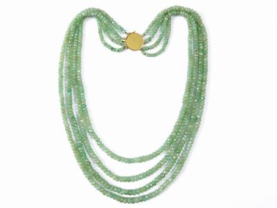 Collana Quattro Fili a Scalare di Berilli Verdi Grezzi con Fermezza in Oro Giallo