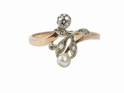 Anello Liberty in Oro Rosa e Argento con Diamanti e Perla