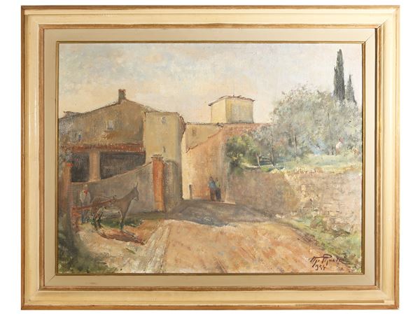 Ugo Pignotti : Borgo con figure e asinello 1954  - Asta Arte Moderna e Contemporanea - Maison Bibelot - Casa d'Aste Firenze - Milano