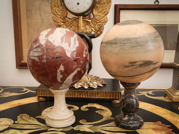 Pair of decorative spheres in various types of marble