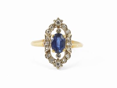 Anello in Oro Bianco e Giallo con Diamanti e Zaffiro